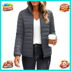 Quilted Puffer Jacket Lightweight Winter Coat Stand Collar Full Zip Warm